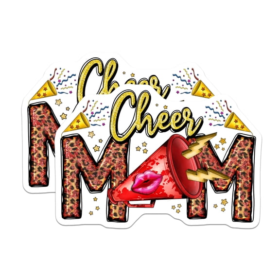 (2 Pack) Cheer Mom Leopard Print Stickers - Megaphone Lightning - Sports Mama Decal - Team Spirit - 5" On Longest Side - Sticks to Smooth Flat Surfaces - Made in USA - BMCS29623