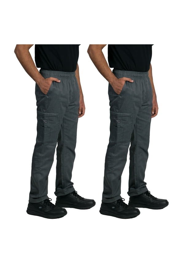 2-Pack Chef Code Modern Slim Fit Chef Pants with Zipper Cargo Pockets, Elastic Waist, Charcoal, L