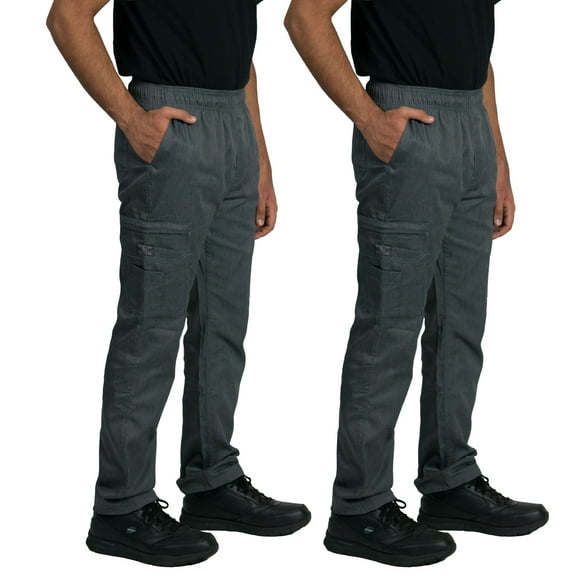 2-Pack Chef Code Modern Slim Fit Chef Pants with Zipper Cargo Pockets, Elastic Waist, Charcoal, M