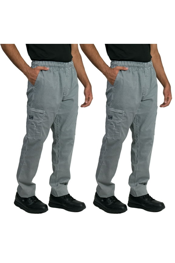 2-Pack Chef Code Modern Slim Fit Chef Pants with Zipper Cargo Pockets, Elastic Waist, Houndstooth, S