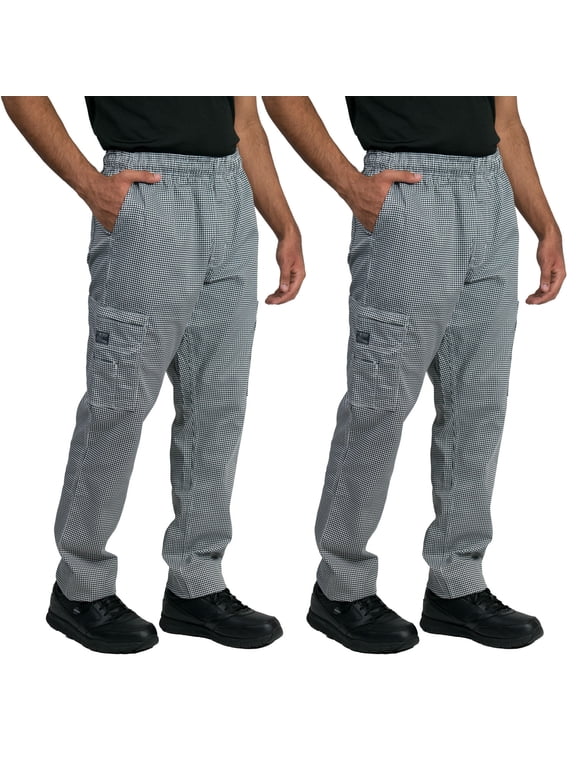 2-Pack Chef Code Modern Slim Fit Chef Pants with Zipper Cargo Pockets, Elastic Waist, Houndstooth, S