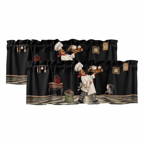 2 Pack Chef Valance for Window Rustic Country Boho Black Bistro Coffee Grinder Pastry Cat Kitchen Valance Rod Pocket Short Curtain Topper Decorative Window Treatment for Living Room Bedroom 54"x18"
