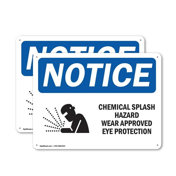 (2 Pack) Chemical Splash Hazard Wear OSHA Notice Sign 10 Inch X 7 Inch Indoor / Outdoor Rust-Free Aluminum Metal Signs for Workplace, Workshop, and Construction Site, Made in the USA
