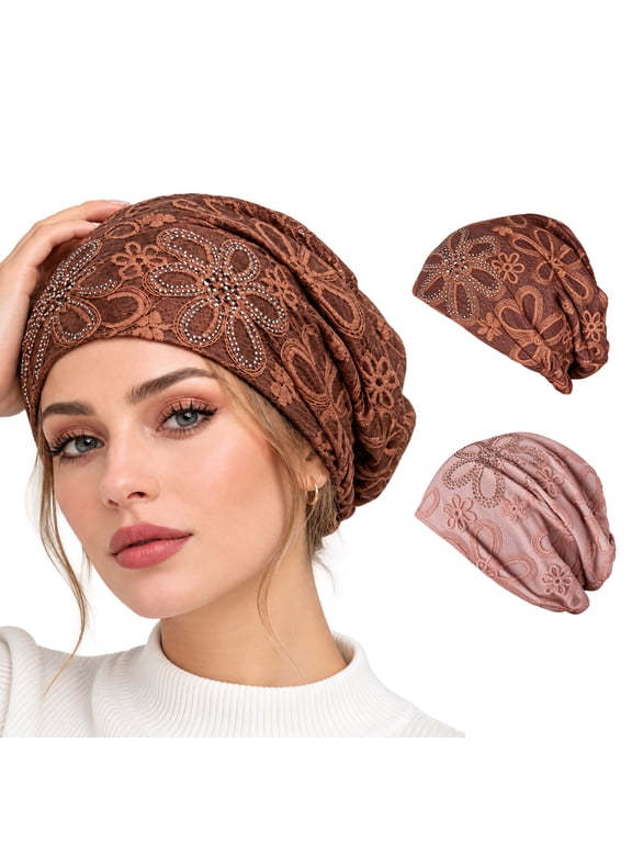 2 Pack Chemo Caps, Lace Embroidery Lightweight Turban Beanie, Soft Headwear Hats for Women Cancer Patients Hair Loss Daily Sleep
