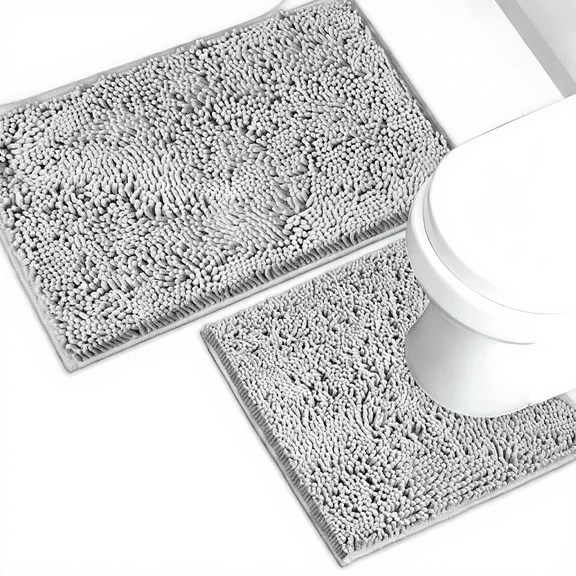 2 Pack Chenille Bathroom Rug Set, Rectangular Bath Mat & U-Shaped Toilet Rug, Absorbent Non Slip Floor Mats for Bathroom Household Use