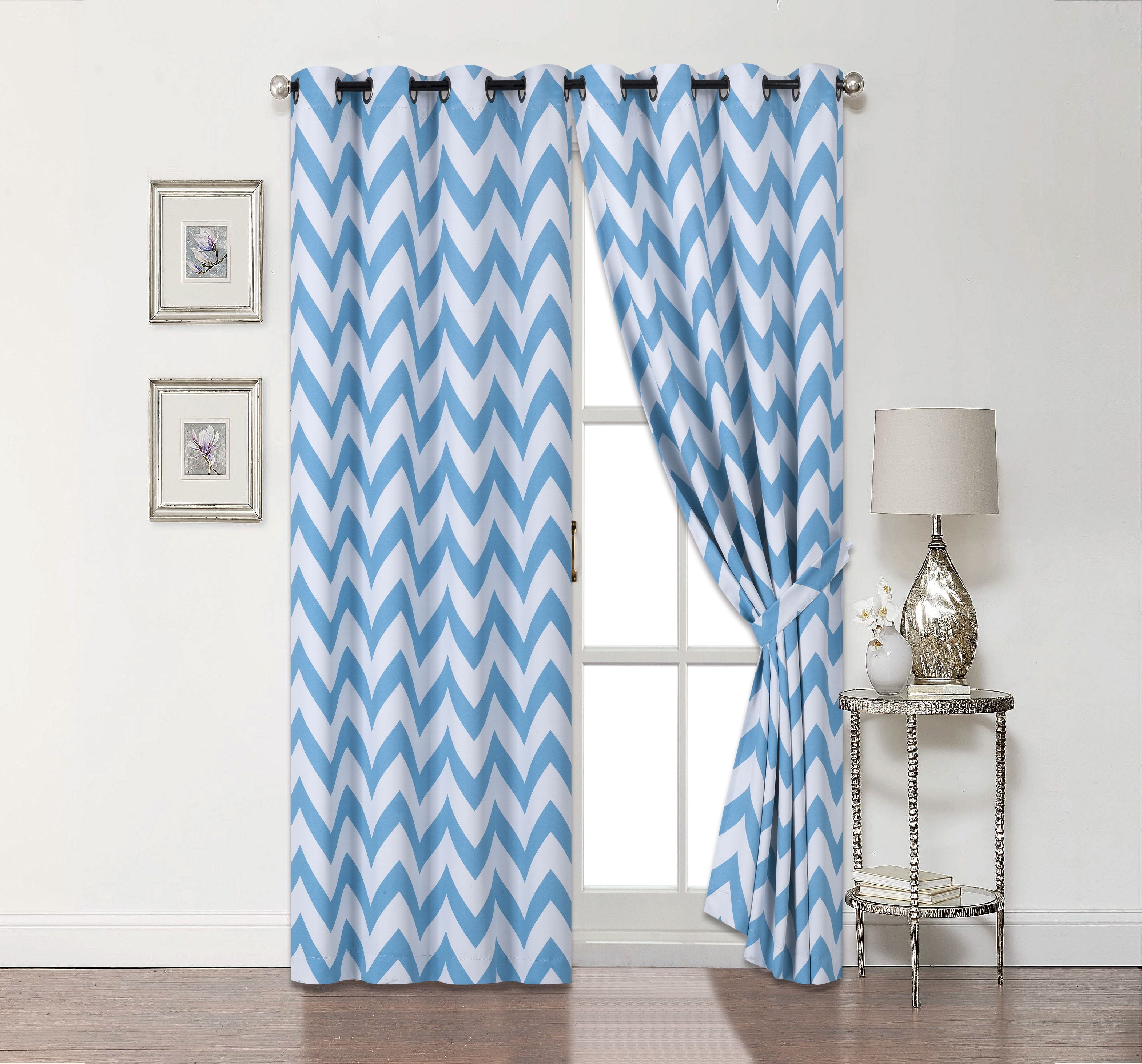 2 Pack: Chevron 100% Blackout Curtains W/ Tiebacks - Aqua, 95 In. Long