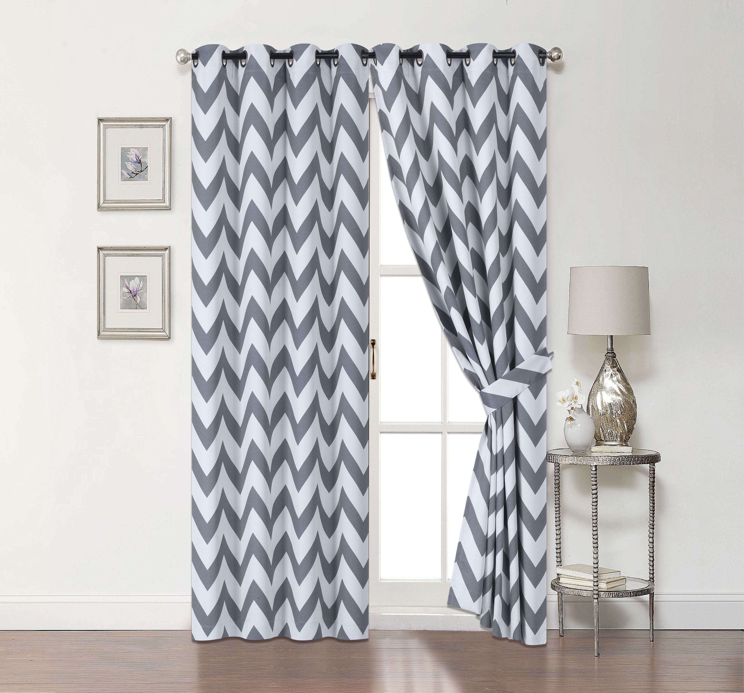 2 Pack: Chevron 100% Blackout Curtains W/ Tiebacks - Gray, 63 in. Long