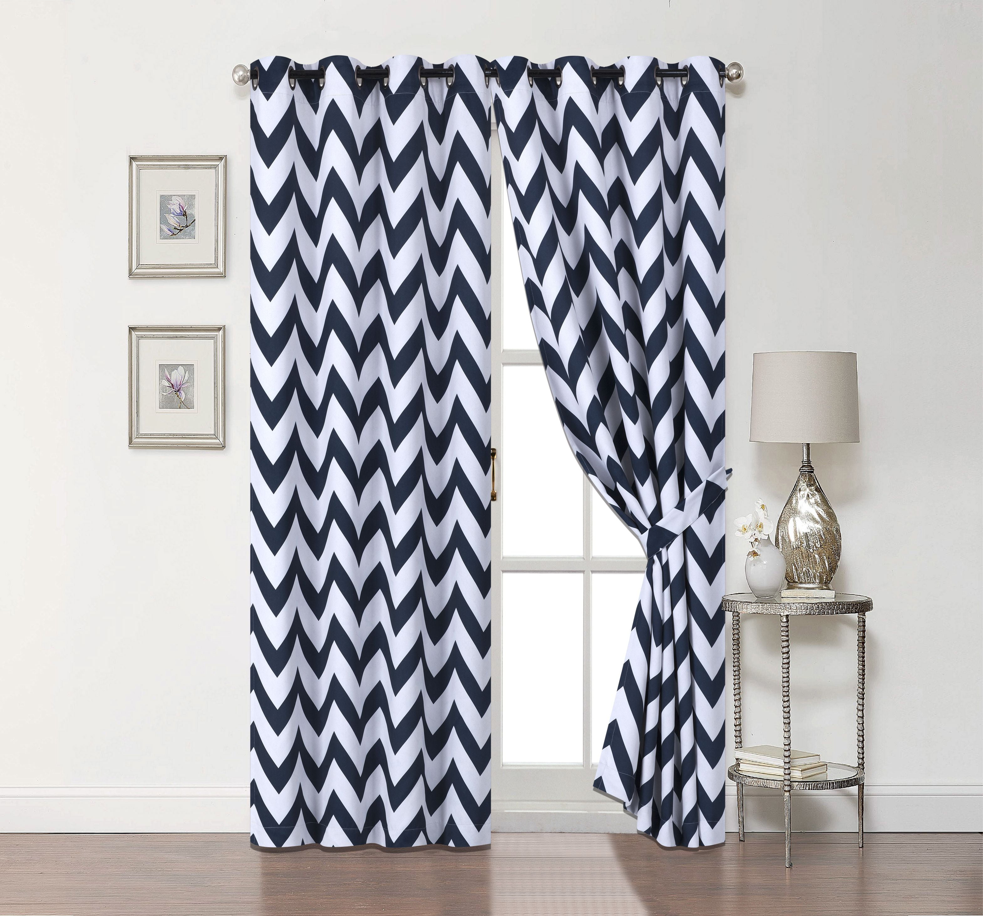 2 Pack: Chevron 100% Blackout Curtains W/ Tiebacks - Navy, 95 In. Long