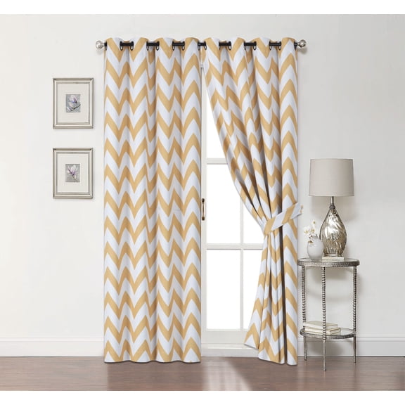 2 Pack: Chevron 100% Blackout Curtains W/ Tiebacks - Yellow, 95 In. Long