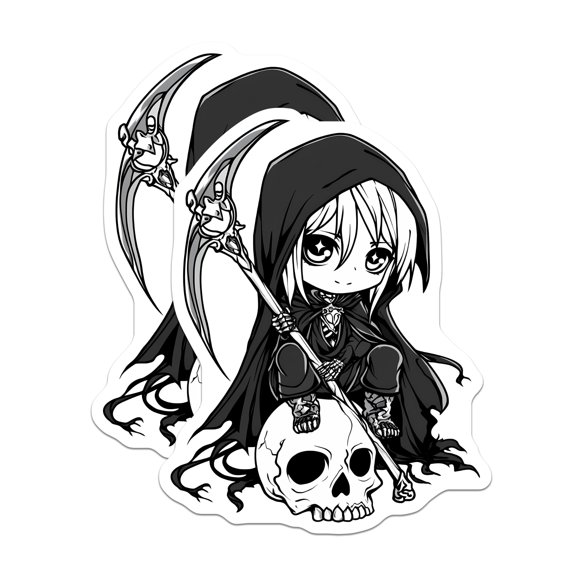 (2 Pack) Chibi Grim Reaper Magnets - Cute Anime Gothic Skeleton Scythe - Creepy Kawaii Skull Art Fridge Decals - 5 Inches On Longest Side - Thick Durable Magnet - Made in USA