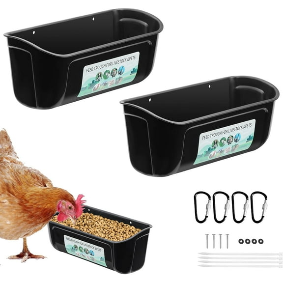 2 Pack Chicken Duck Feeder, Poultry Feeders and Waterers, Hanging Goat Feeder, Livestock Feeding Container, Feed Trough and Waterer Bucket with Clips(Black)