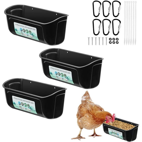 2 Pack Chicken Duck Feeder, Poultry Feeders and Waterers, Hanging Goat Feeder, Livestock Feeding Container, Feed Trough and Waterer Bucket with Clips(Black)