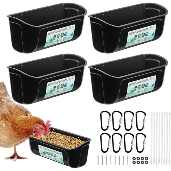 2 Pack Chicken Duck Feeder, Poultry Feeders and Waterers, Hanging Goat Feeder, Livestock Feeding Container, Feed Trough and Waterer Bucket with Clips(Black)