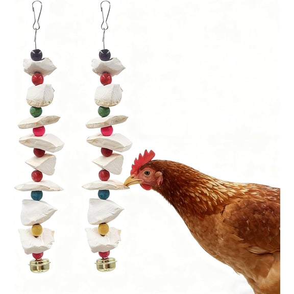 2-Pack Chicken Pecking Toys with Cuttlebone & Bell  Hanging Poultry Enrichment for Hens, Ducks & Geese | Calcium Supplement & Boredom Relief Activity