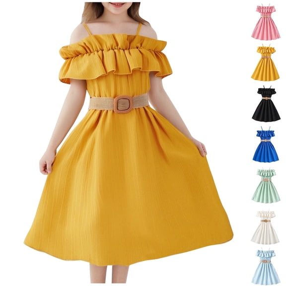 2 Pack Chiffon Midi Dresses for Girls with Belt Size 6-13 Teens Kids Trendy Off Shoulder Solid Color Ruffle A-Line Vacation Beach Dress