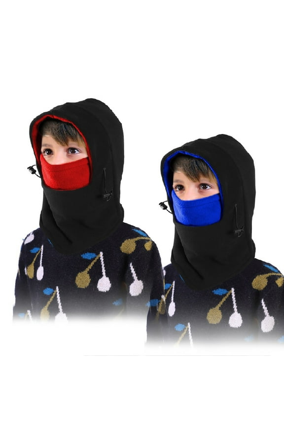 [2 Pack] Children Balaclava Fleece Windproof Ski Mask, Child Cold Weather Face Mask Motorcycle Neck Warmer or Tactical Balaclava Hood for Snowboard Cycling Outdoors Sports Unisex - Red & Blue