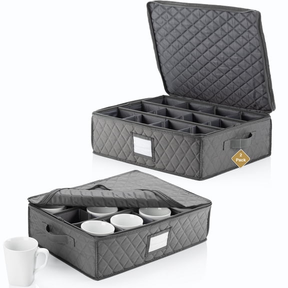 2 Pack - China Cup Storage Chests Hold 24 Coffee Cups or Mugs Stackable Glassware Organizer with Customizable Dividers and Inner Case for Extra Protection Gray