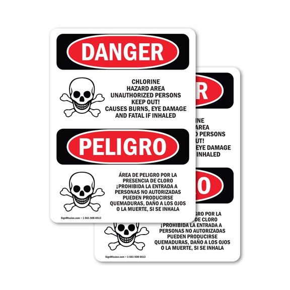 (2 Pack) Chlorine Hazard Area Bilingual OSHA Danger Sign 5 Inch X 7 Inch Vinyl Label Decal Sticker Weather Resistant, UV Protected for Workplace, Business, and Construction Site, Made