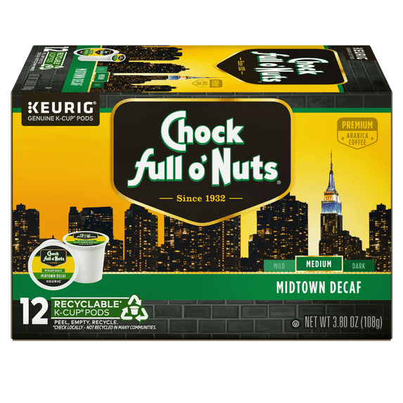 2 Pack - Chock full oNuts Midtown Manhattan Decaffeinated Coffee, Single Serve Keurig K-Cup Pods, Medium Roast Coffee, 12-Count Box