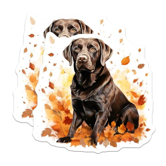 (2 Pack) Chocolate Lab Stickers - Autumn Leaves Decor - Dog Lover Watercolor Art for Laptops, Bottles - 5" On Longest Side - Sticks to Smooth Flat Surfaces - Made in USA - BMCS29255