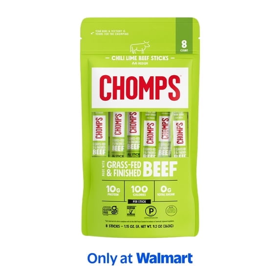 2 Pack - Chomps Grass-Fed And Finished Chili Lime Beef Snack Sticks (8 Count)
