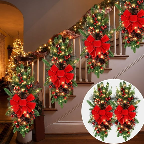 2 Pack Christmas Artificial Swags 24" Xmas The Cordless Prelit Stairway Swag Teardrop Trim Wreath Door Stair Swag Garland Christmas Swags for Outdoor Home Garden Decor(Berry)