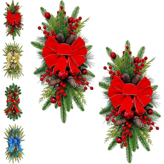 2 Pack Christmas Artificial Swags 24" Xmas Cordless Prelit Stairway Teardrop Trim Wreath Door Garland for Indoor & Outdoor Home Decor (2PCS-Red)