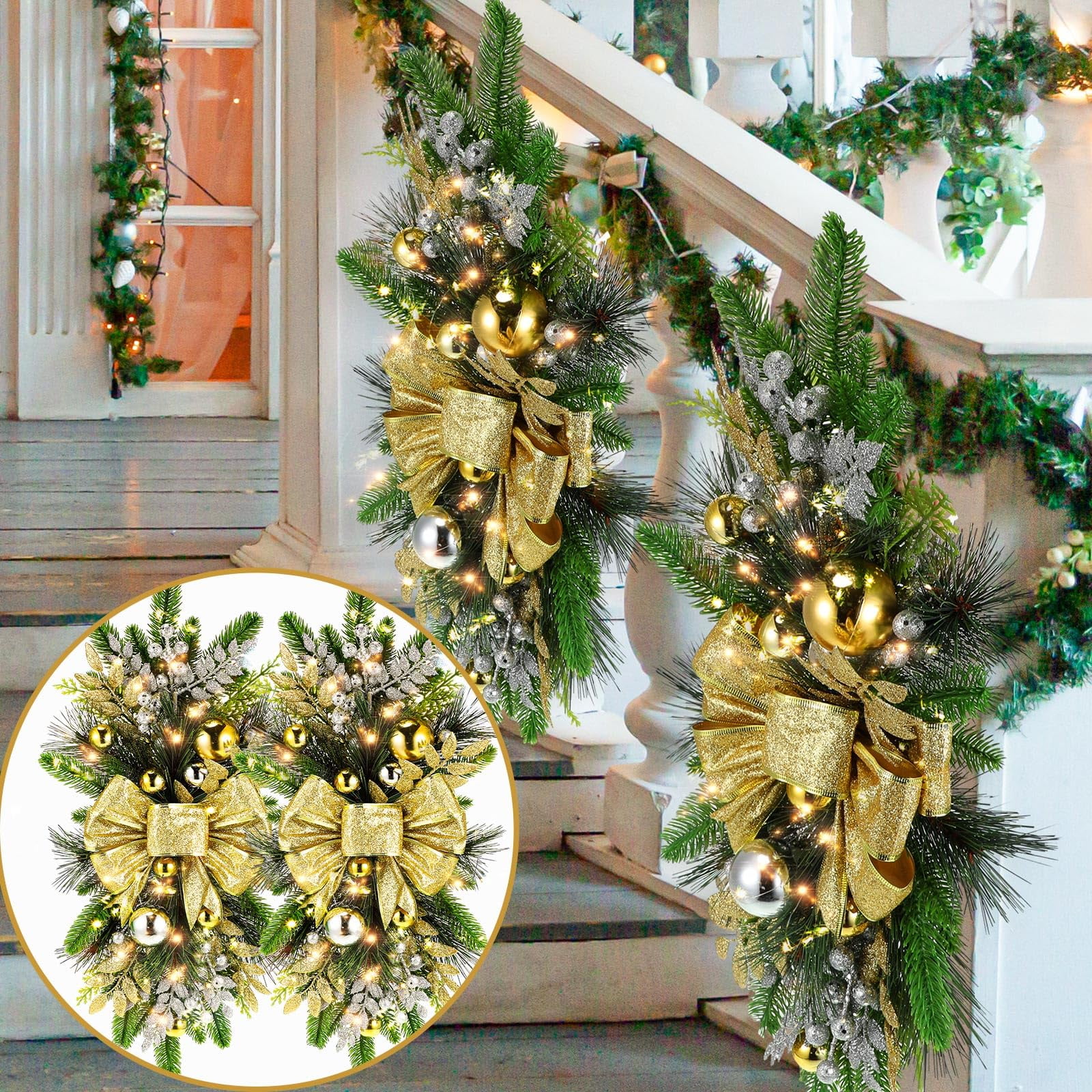 2 Pack Christmas Artificial Swags 24" Xmas The Cordless Prelit Stairway