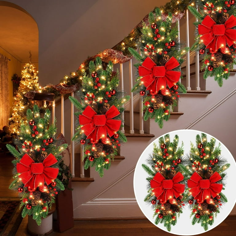 2 Pack LED Christmas Artificial Swags 24 for Staircase Decorations Outdoor Home Garden Decor Berry Walmart