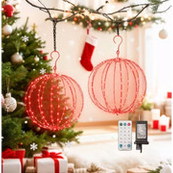 2 Pack Christmas Ball Light, 12IN Foldable Metal Sphere Lights, Connectable Waterproof 16 Modes with Timer, Hanging Tree Globe Lights for Holiday Christmas Decorations (Red)