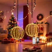 2 Pack Christmas Ball Light, 12IN Foldable Metal Sphere Lights, Connectable Waterproof 16 Modes with Timer, Hanging Tree Globe Lights for Holiday Christmas Decorations Yellow)