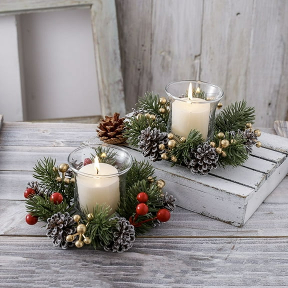 2 Pack Christmas Candle Rings Artificial Red Berries Snowy Pine Needles Garland Candle Rings Wreaths Candle Rings for Pillars Rustic Wedding Centerpiece Christmas Table Decoration for Front Door