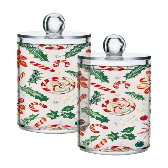 2 Pack Christmas Candy Canes Holly Leaves Qtip Holder Dispenser Clear Plastic Storage Apothecary Jars for Cotton Swabs Balls Pads Floss