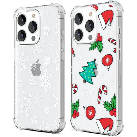 2 Pack Christmas Case for iPhone 14 Pro Max,Cute Clear Transparent Xmas Snowflake Design Winter Holiday Cases, Soft TPU Edge PC Back Protective Shockproof Phone Cover Phone for Women Girls