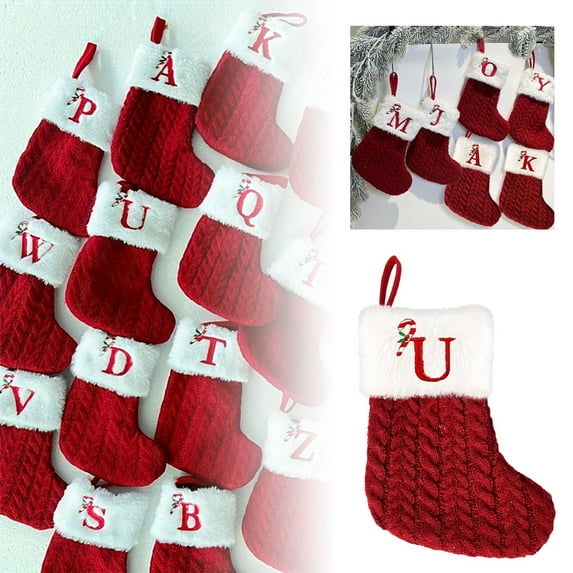 (2 Pack) Christmas Decoration Supplies Hanging Accessories Red Knitted Letter Christmas Socks Festive Bags Tree Pendant Ornament Decoration for Home Holiday