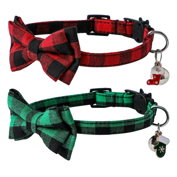 2 Pack Christmas Dog Collar, Classical Buffalo Plaid Dog Collars with Removable Bow Tie, Adjustable