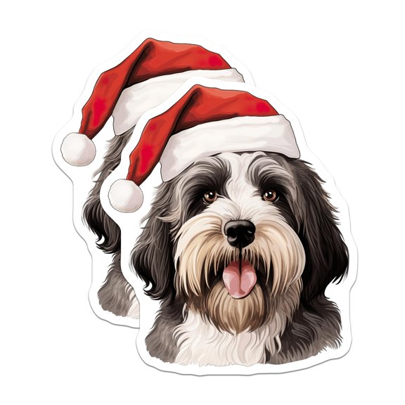 (2 Pack) Christmas Dog Stickers - Santa Hat Shaggy Dog - Festive Pet Decal - 5" On Longest Side - Sticks to Smooth Flat Surfaces - Made in USA - BMCS27717
