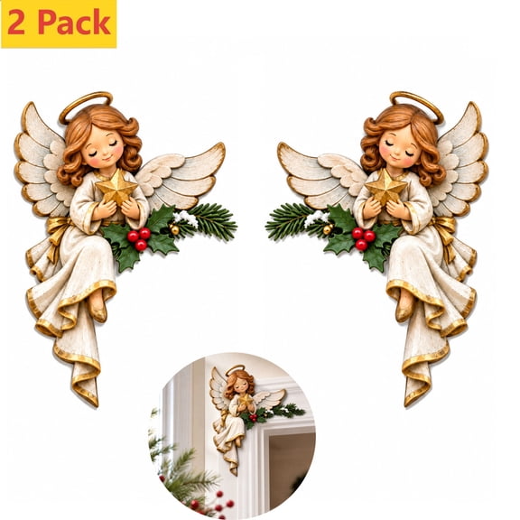 2 Pack Christmas Door Frame Corner Decorations, Wooden Flat Door Topper Decor, Christmas Corner Ornament for Door Window Frame, Holiday Wall Decor Home Party Decoration (Angel)