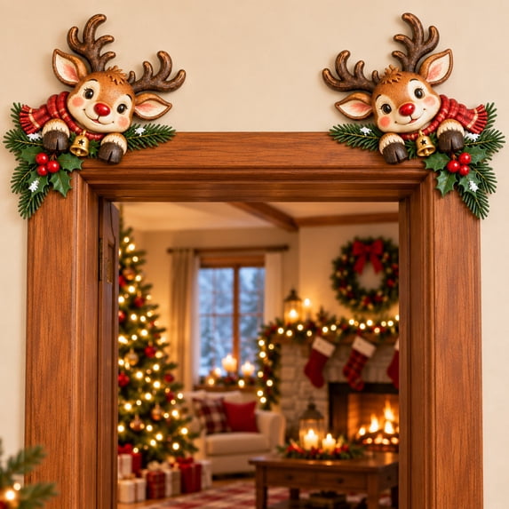 2 Pack Christmas Door Frame Corner Decorations, Wooden Flat Door Topper ...