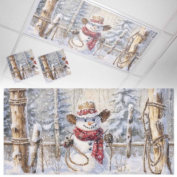 2 Pack Christmas Fluorescent Light Covers for Ceiling Lights Western Cowboy Snowman Christmas Tree Snow Scene Magnetic Ceiling Light Covers Overhead Light Filters for Office Classroom Home