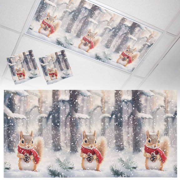 2 Pack Christmas Fluorescent Light Covers for Ceiling Lights Winter Pine Forest Cute Squirrel Snowfall Magnetic Ceiling Light Covers Overhead Light Filters for Office Classroom Home