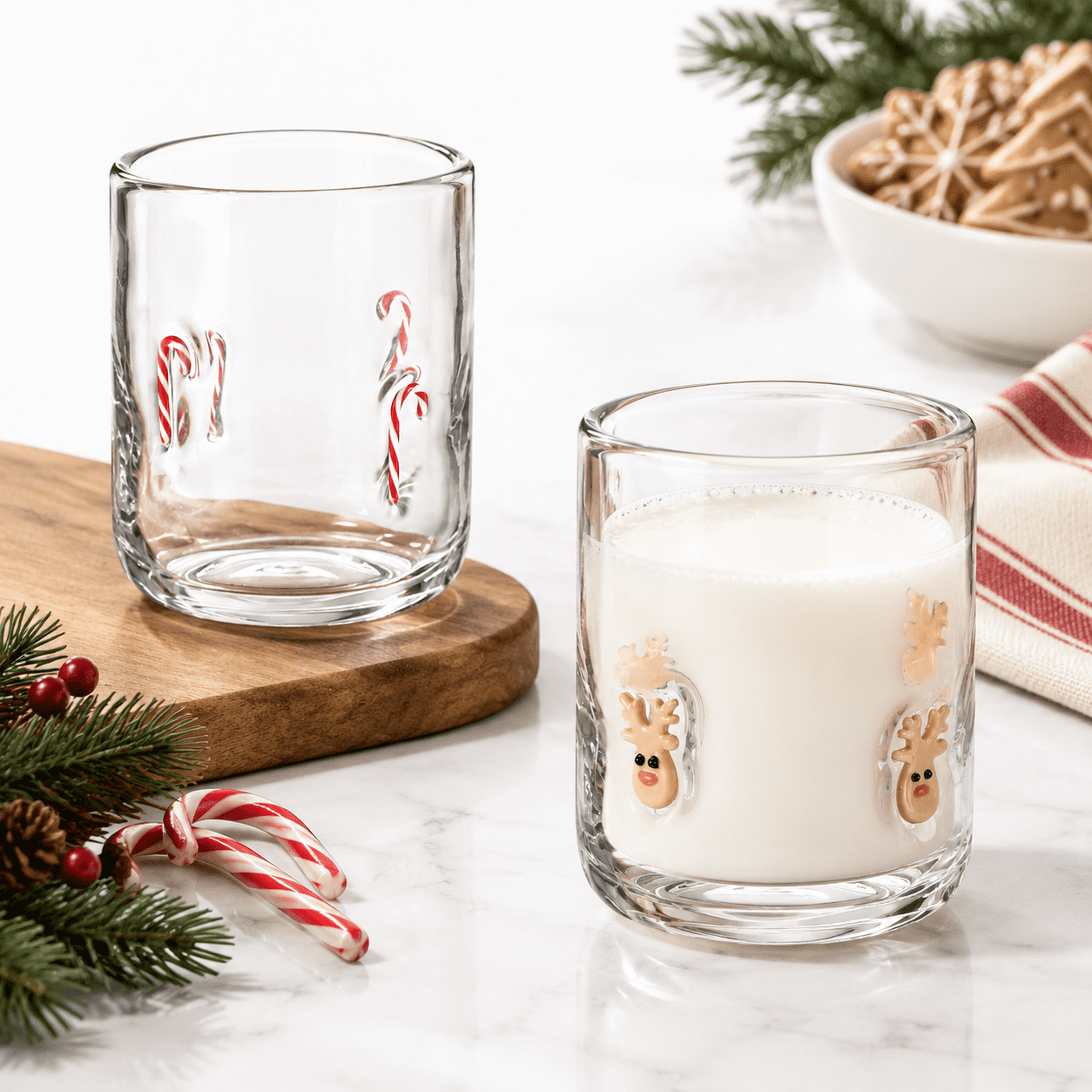 2-Pack Christmas Icon Glass Cups with Candy Cane and Reindeer Designs ...