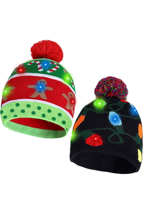 2 Pack Christmas LED Light-up Knitted Beanie Hat Colorful Flashing Holiday Xmas Christmas Party Supplies(One Size Fits More)
