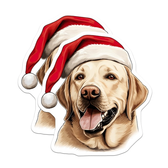 (2 Pack) Christmas Labrador Stickers - Happy Yellow Lab Santa Hat Dog Decals - Festive Retriever Pet Lover Holiday Decor - 5" On Longest Side - Sticks to Smooth Flat Surfaces - Made in USA - BMCS27358
