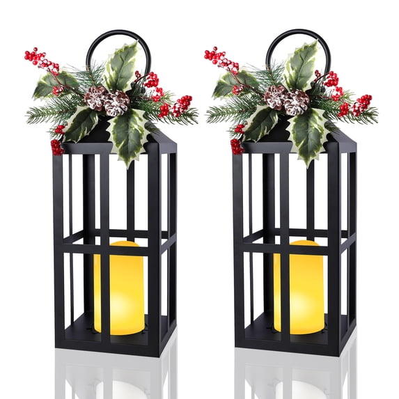 2 Pack Christmas Lanterns Set with Flameless Pillar LED Candle & Removable Holiday Greenery, Decorative Black Lantern,Christmas Decor
