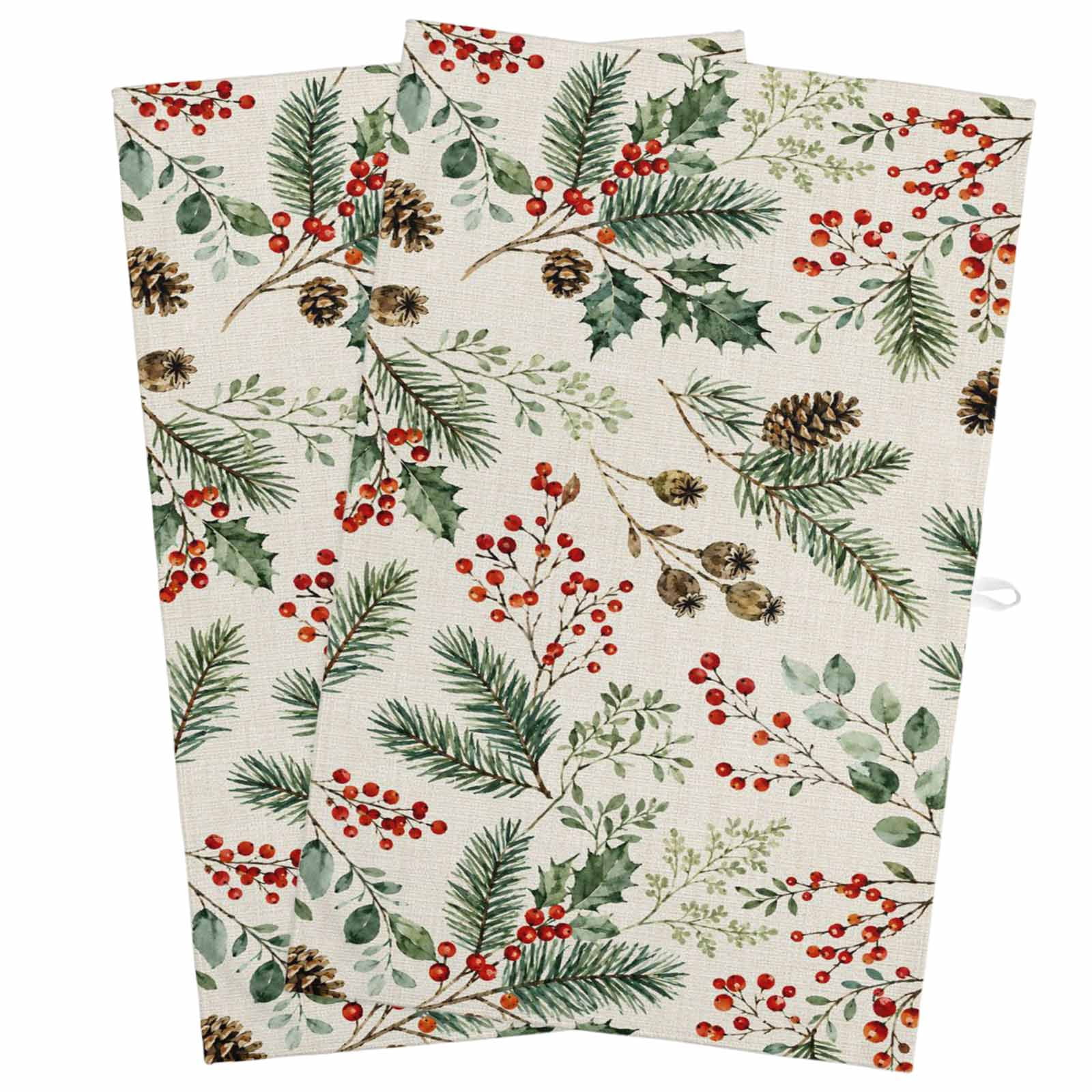 2 Pack Christmas Leaf Kitchen Towels Winter Pine Branch Berry Cone ...