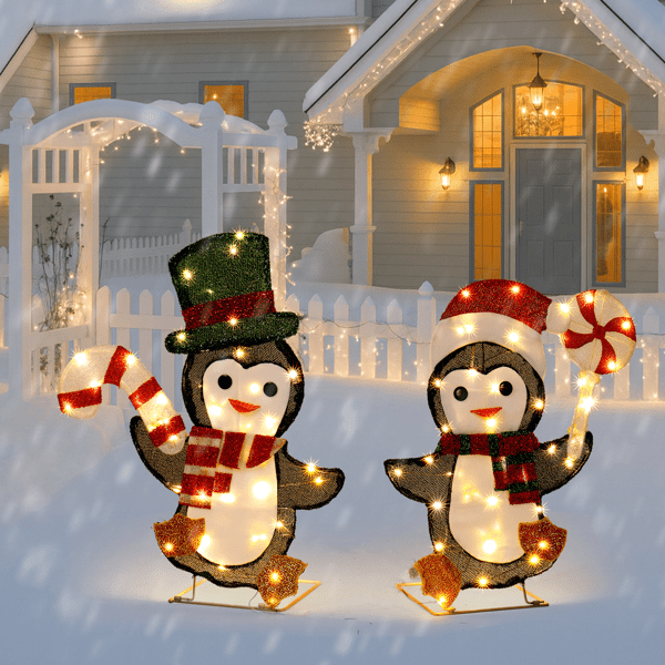 2-Pack Christmas Lighted Penguin Decorations, Weather-Resistant Metal & Tinsel, Easy Setup for Home, Yard, Patio