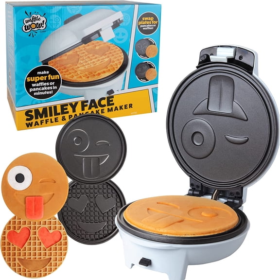 Smiley Face Emoji Waffler & Pancake Maker w 2 Interchangeable, Removable 8" Plates- Adjustable Temp Control, Non Stick Electric Iron for Kids Breakfast Fun or Gift - Officially Licensed by Emoji