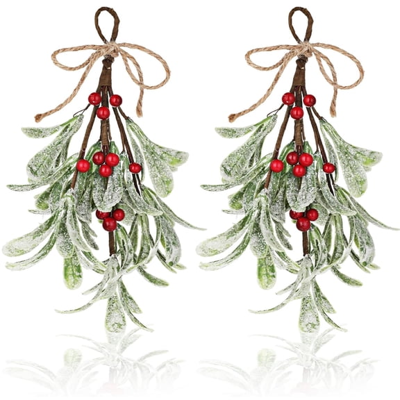 2 Pack Christmas Mistletoe Decor, 9in Artificial Mistletoe Decoration with Red Berries, Artificial Mistletoe Floral Stems,Mistletoe Hanging Ornament for Christmas Tree Fireplace Door Home Decor(Red)