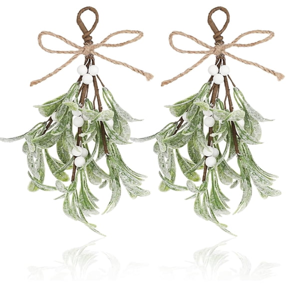 2 Pack Christmas Mistletoe Decor,9in Artificial Mistletoe Decoration with Red Berries,Artificial Mistletoe Floral Stems,Mistletoe Hanging Ornament for Christmas Tree Fireplace Door Home Decor(White)